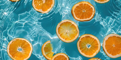 Creative summer background with orange fruit slices in swimming pool water. Summer wallpaper