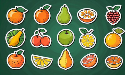 A vibrant collection of fruit-themed stickers, featuring a variety of citrus and orchard fruits with a playful, cartoonish design.