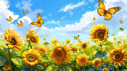 Field of sunflowers flying butterflies and bees. 