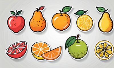 A vibrant collection of fruit-themed stickers, featuring a variety of citrus and orchard fruits with a playful, cartoonish design.