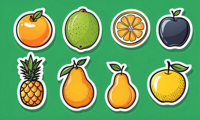 A vibrant collection of fruit-themed stickers, featuring a variety of citrus and orchard fruits with a playful, cartoonish design.