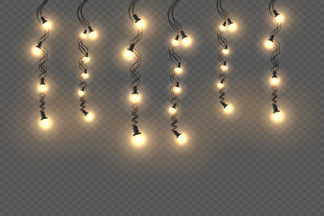 Christmas garland. Lights with light bulb effect. On a transparent background.