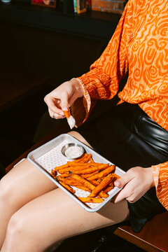 Casual dining with fried sweet potato and creamy truffle sauce