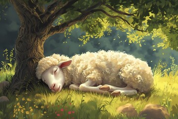 cartoon illustration, a sheep sleeping under a tree - obrazy, fototapety, plakaty