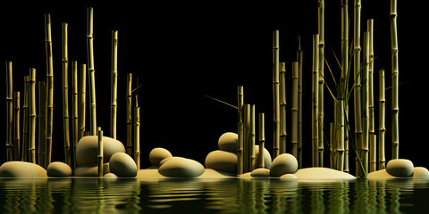 A composition of basalt stones, water lilies, and bamboo, inviting contemplation and serenity.