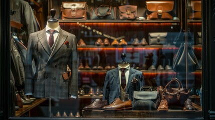 Obraz premium A display of suits and shoes in a store window