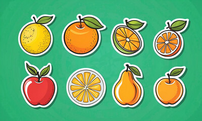 A vibrant collection of fruit-themed stickers, featuring a variety of citrus and orchard fruits with a playful, cartoonish design.