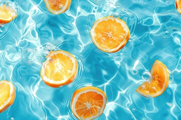 Creative summer background with orange fruit slices in swimming pool water. Summer wallpaper