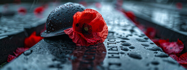 Macro shot of a poppy placed thoughtfully in a soldier's helmet on a tomb, with the names of the fallen soldiers engraved behind, high-resolution - obrazy, fototapety, plakaty
