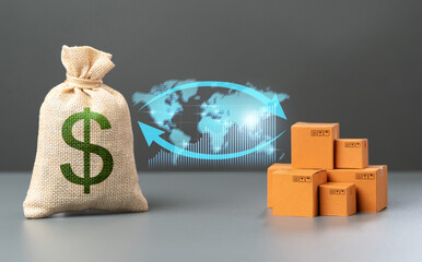World trade in goods and products. Dollar and boxes with arrows and world map. Prices. Increase in supplies and production rates. Global Business and Economics