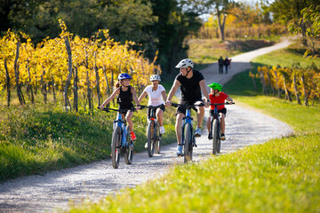 Family of four riding e-bikes in beautiful nature in autumn