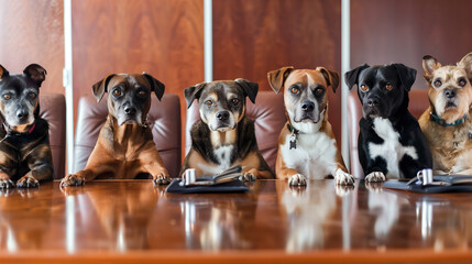 Dogs seated in a row as if in a business meeting.