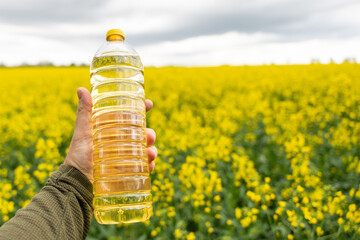 A bottle of rapeseed oil in a hand against the background of a yellow blooming rapeseed field. A...