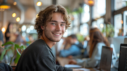 a young man works on his laptop, in a co working space