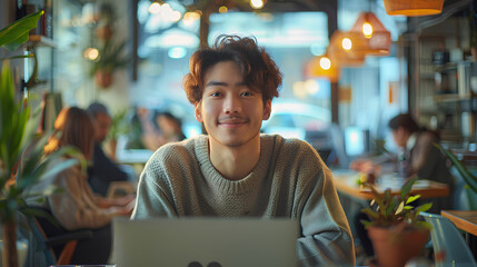 a young man works on his laptop, in a co working space