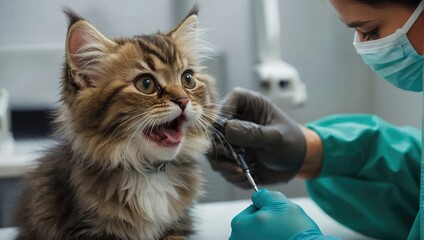 Veterinarian with a happy beautiful cat. Kitten at the doctor. Vaccination of animals in a veterinary clinic with a veterinarian. A veterinarian strokes a sleepy kitten in a veterinary clinic.