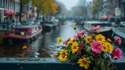 Flowers on a bridge in Amsterdam. In the background fl