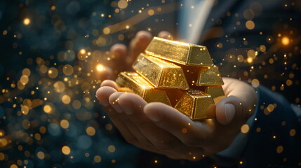 A man in a suit holds gold bars in his hand concept on gold particles background