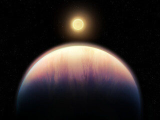 Sunrise over an extrasolar planet, exoplanet surface. Planet with atmosphere in the light of the sun.