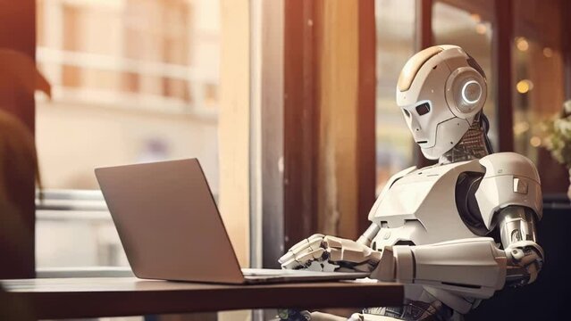 A robot that sits at a desk with a laptop in his hands in a bright office. The concept of future technologies in the modern world is among us. Artificial intelligence has been created