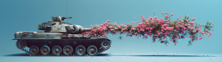  Military Tank with a Barrel Decorated with Pink Roses - obrazy, fototapety, plakaty