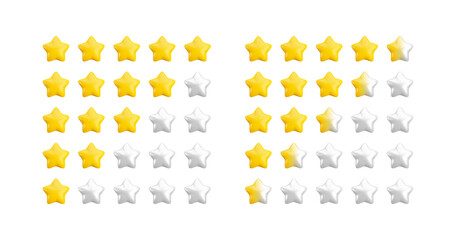 Vector 3d five star product rating icon set. Realistic cartoon 3d render feedback, customer review concept. Cute glossy yellow and white stars from one to five with half star for web, ui, game, app