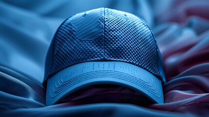 A sporty and performance-oriented running cap mockup on a solid blue background, capturing its breathable fabric and moisture-wicking technology, all presented in HD to highlight its functionality 