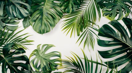 A white backdrop with large hand-painted jungle leaves in bold geometric shapes