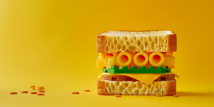 A sandwich with salami, tomato, lettuce, cheese, egg, bacon, parsley, and Lego bricks. The colors are green, yellow, red, pink, orange