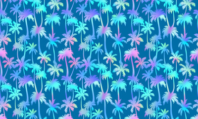 Palm trees pattern horizontal background. Vector neon tropical jungle texture on blue background. Abstract holographic gradient palm silhouettes summer print for wallpapers, decor, design.