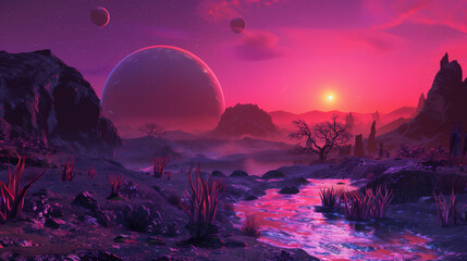Alien Landscape with Dual Moons and River at Twilight - obrazy, fototapety, plakaty