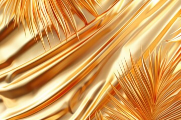 luxury golden background with golden silk iridescent fabric and palm leaves