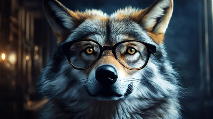 A wolf in glasses. Close-up. Horizontal wallpaper for desktop on your computer