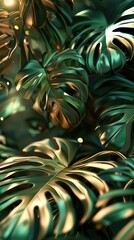 Luxury background, wallpaper in art deco style. Natural tropical background. Floral pattern with green leaves of monstera plant