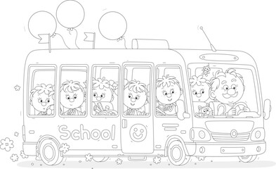 Small school bus with a smiling driver and noisy company of funny little schoolchildren passengers, black and white outline vector illustration for a coloring book