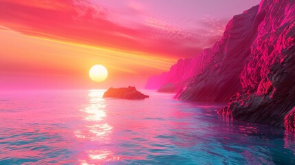 Serene sunset over tranquil ocean with vibrant sky and cliffs