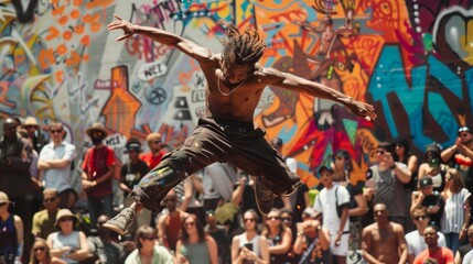 Closeup of a street dancer midjump surrounded by a vibrant crowd of onlookers. The colorful street art in the background adds to the energy and liveliness of the performance capturing .