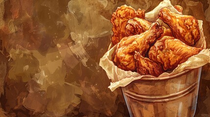Delicious fried chicken wings bucket on rustic background - obrazy, fototapety, plakaty