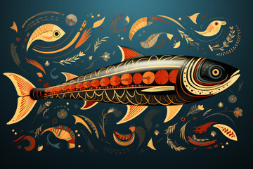 Colorful folk art style illustration of fish with floral patterns - obrazy, fototapety, plakaty
