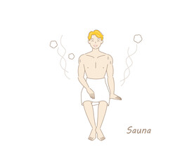 サウナから水風呂の後、休憩スペースへ移動し、外気に当たりながら体を冷ましている爽やかな男性 ととのう