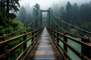 Misty forest suspension bridge over river