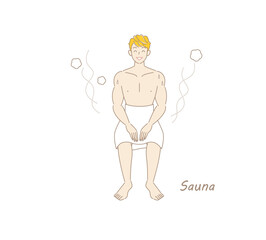 サウナから水風呂の後、休憩スペースへ移動し、外気に当たりながら体を冷ましている爽やかな男性 ととのう