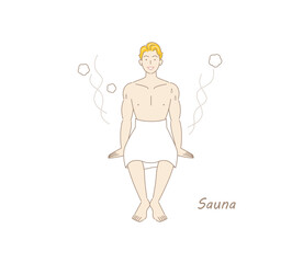 サウナから水風呂の後、休憩スペースへ移動し、外気に当たりながら体を冷ましている爽やかな男性 ととのう