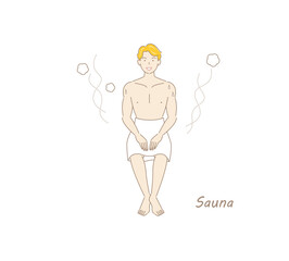サウナから水風呂の後、休憩スペースへ移動し、外気に当たりながら体を冷ましている爽やかな男性 ととのう
