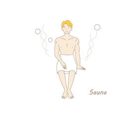 サウナから水風呂の後、休憩スペースへ移動し、外気に当たりながら体を冷ましている爽やかな男性 ととのう