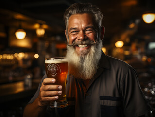 Bearded man enjoying a craft beer at a cozy bar