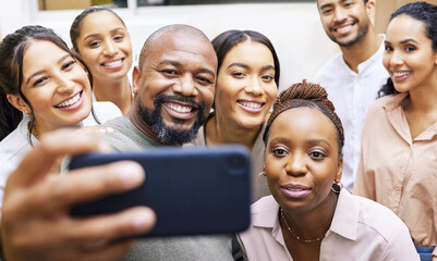 Selfie, together and creative people in office for profile picture on company website or social...