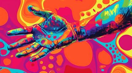 Vibrant pop art hand reaching out in a colorful abstract background