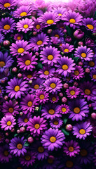 Fototapeta premium A full frame of vivid purple daisies with bright yellow centers densely packed together. The flowers in various stages of bloom