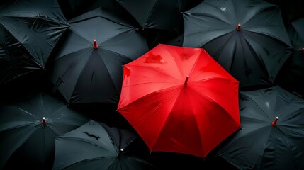 One red umbrella among many black ones - obrazy, fototapety, plakaty